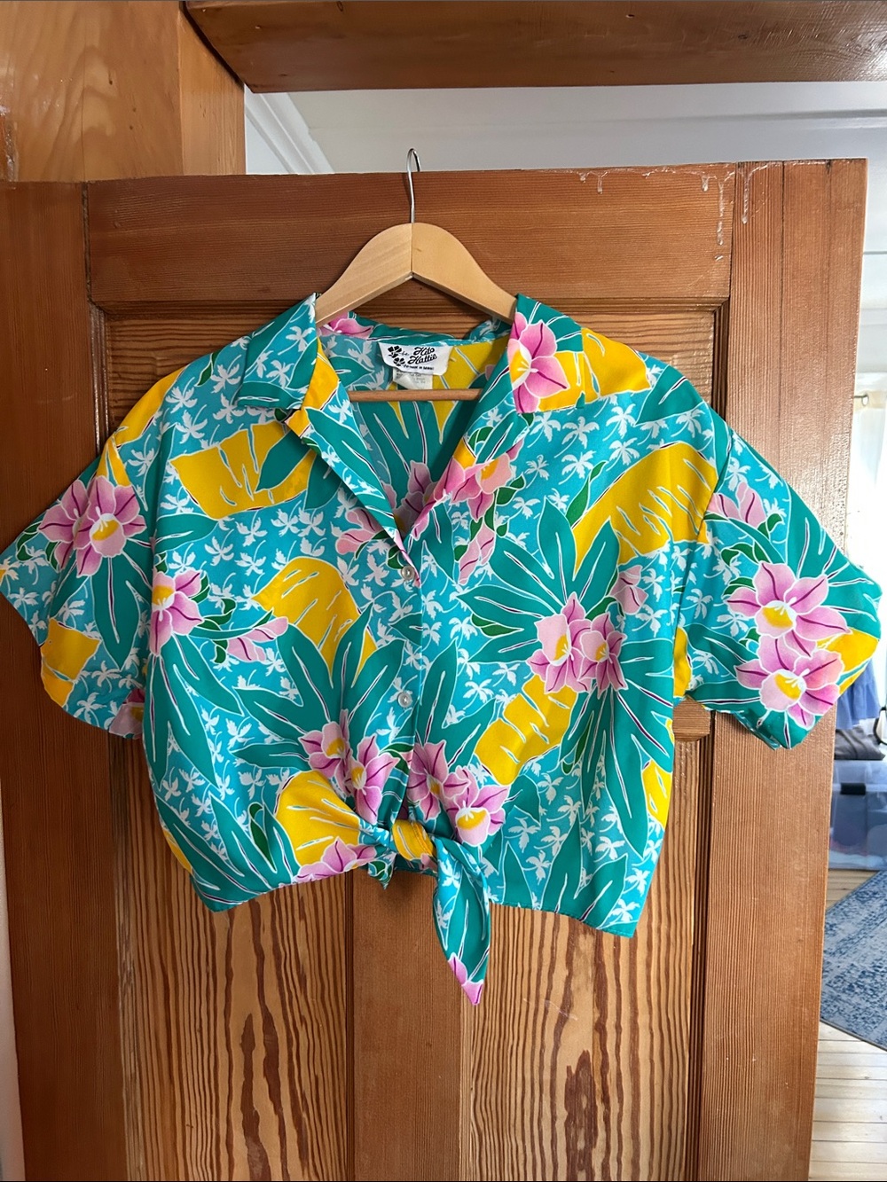Vintage Hawaiian Tie-Front Tee Shirt - Teal with Yellow & Pink Floral
